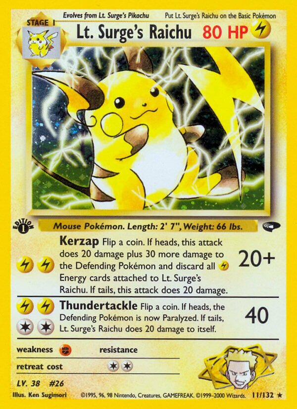 Lt. Surge's Raichu - 011/132 - Holo Rare - NM - Unlimited Holofoil